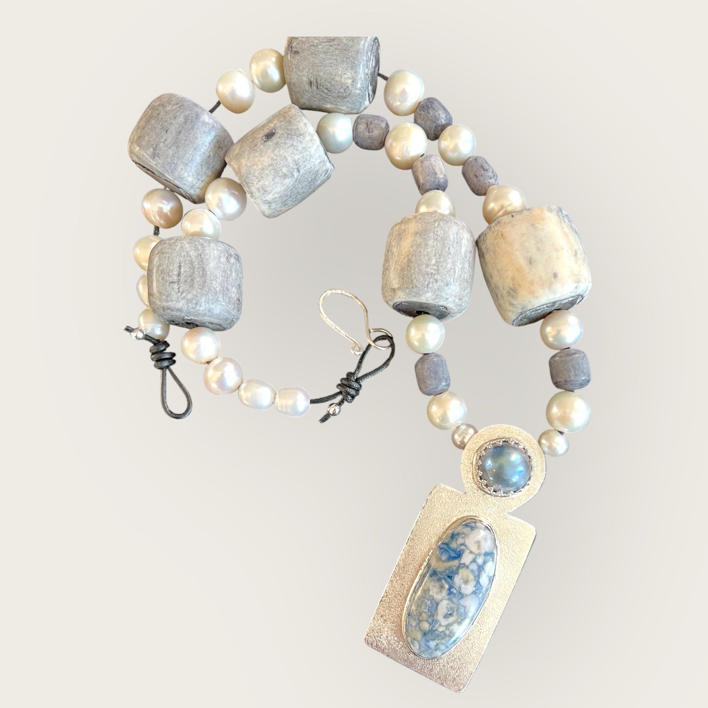 Necklace - Statement, natural stone, bone, pearl - blue
