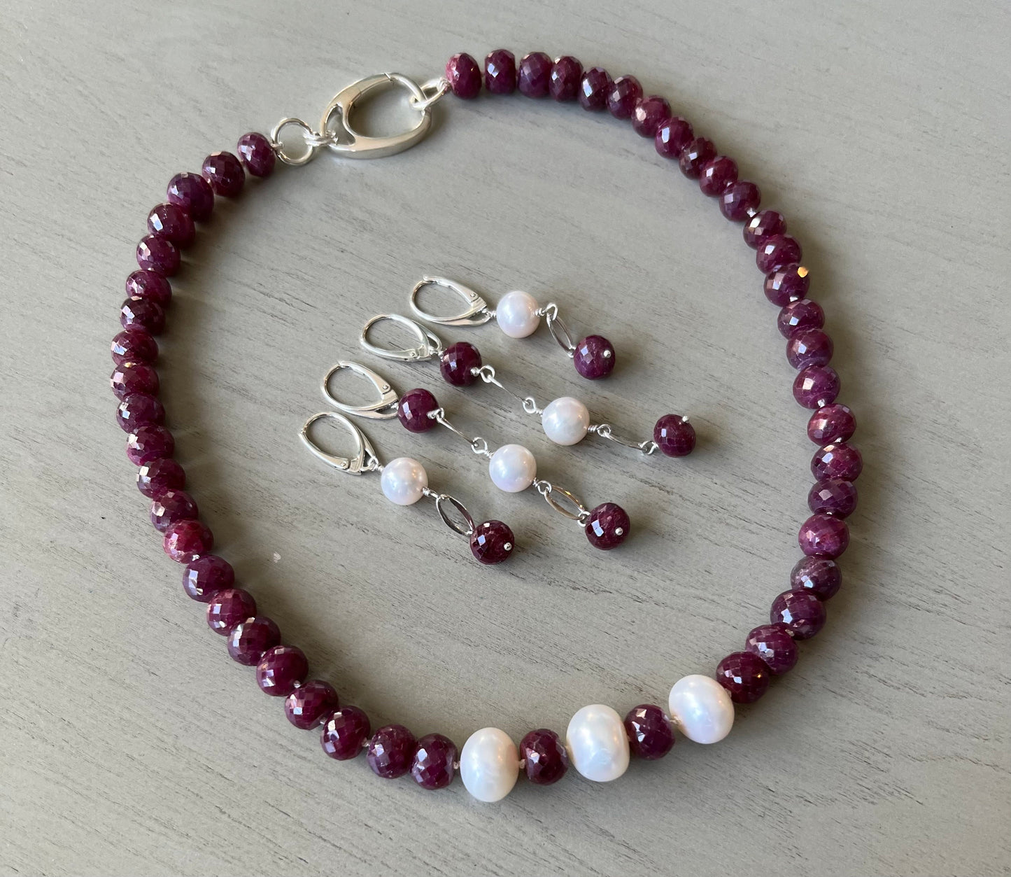 Ruby and pearl earrings with sterling lever-back 3”