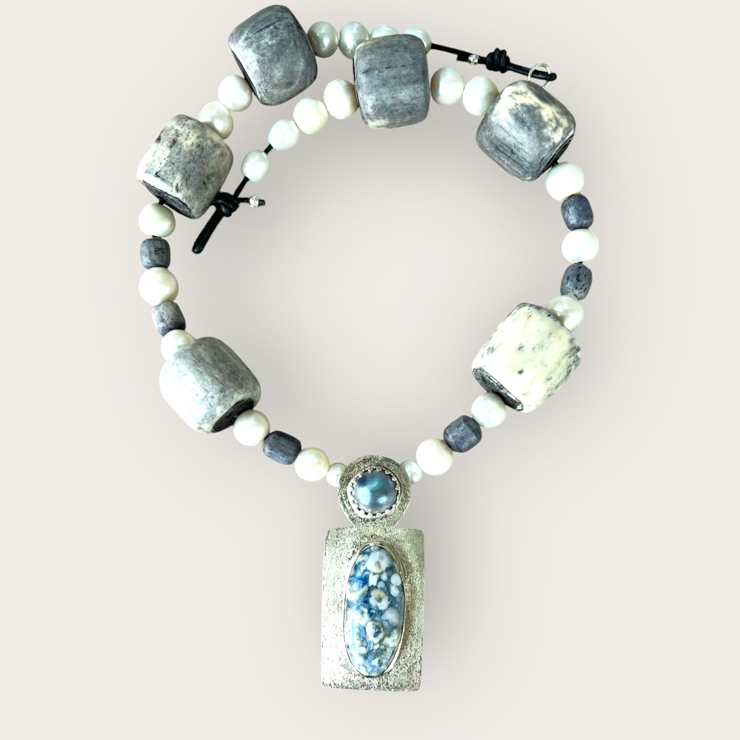 Necklace - Statement, natural stone, bone, pearl - blue