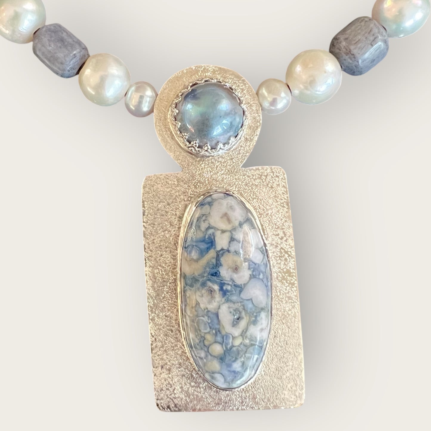 Necklace - Statement, natural stone, bone, pearl - blue
