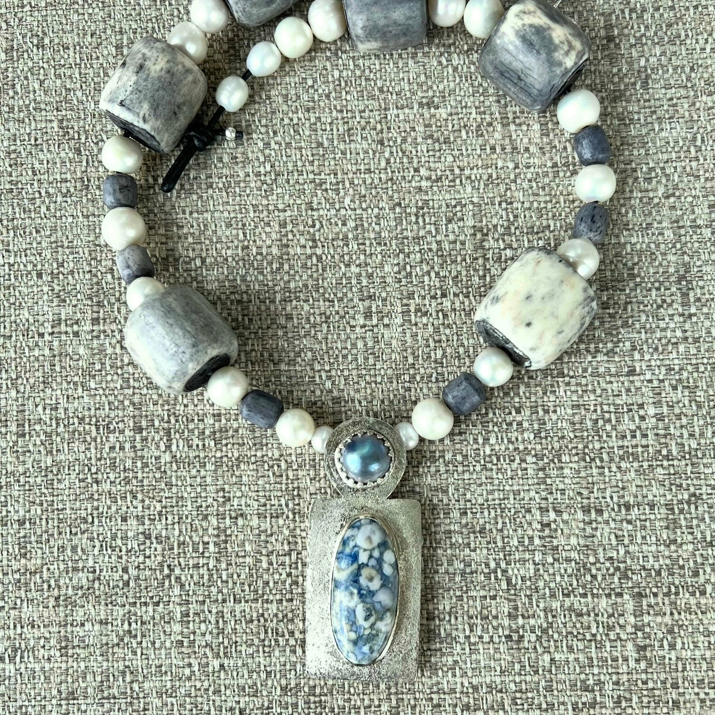 Necklace - Statement, natural stone, bone, pearl - blue