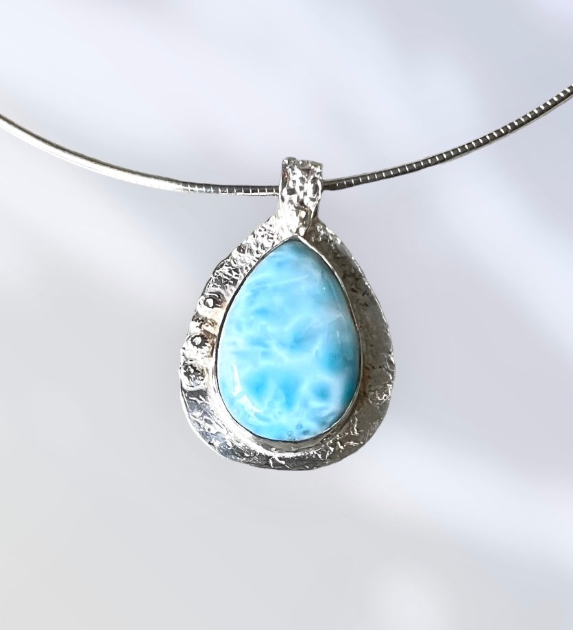 Necklace - large larimar teardrop cab - fine silver and sterling