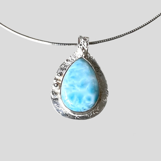 Necklace - large larimar teardrop cab - fine silver and sterling