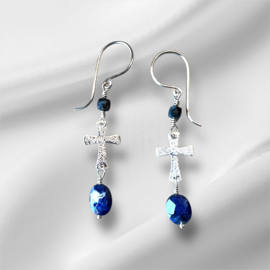 Earrings - textured cross, labradorite and sodalite