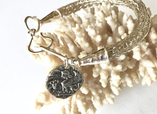 Woven silver bracelet, handwoven, ancient, coin, gift for her, small bracelet