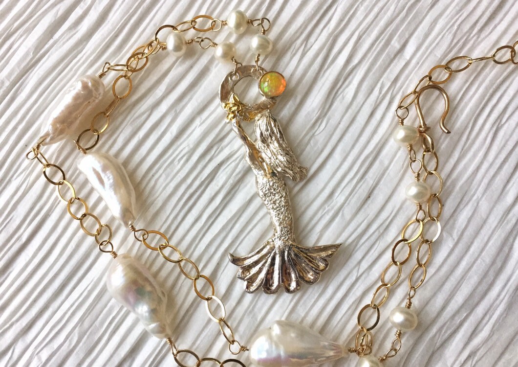 Reaching for the sun. Fine silver, pearl, opal and 14Ktgf long adjustable necklace.