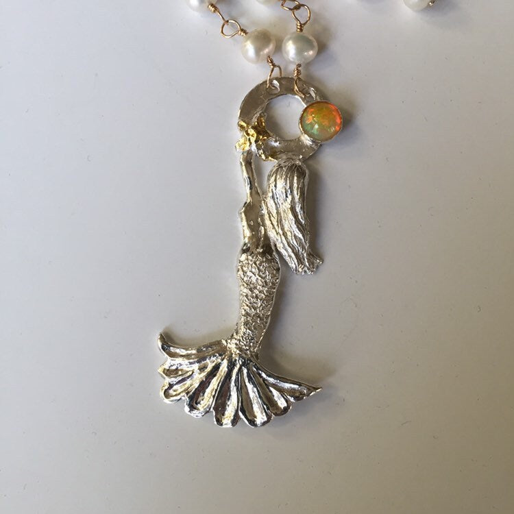 Reaching for the sun. Fine silver, pearl, opal and 14Ktgf long adjustable necklace.