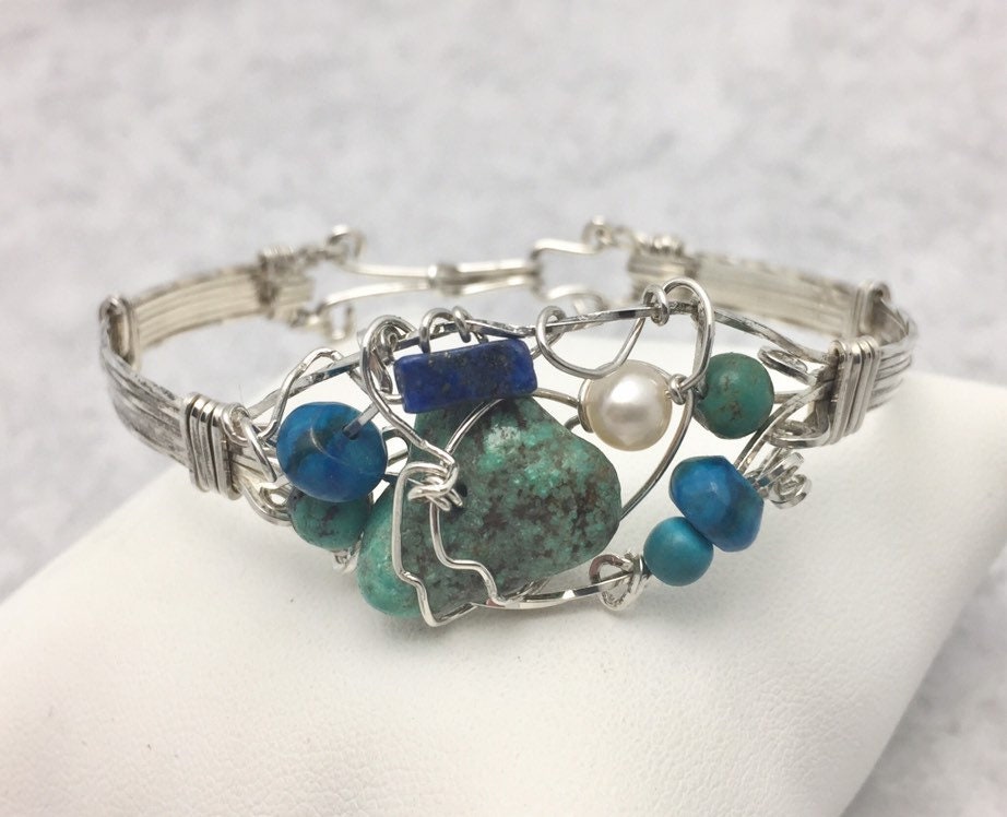 Bracelet - Bangle with clasp. Sterling, turquoise, lapis, pearl