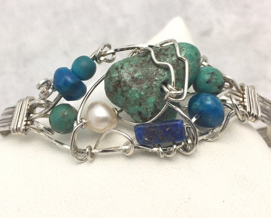 Bracelet - Bangle with clasp. Sterling, turquoise, lapis, pearl