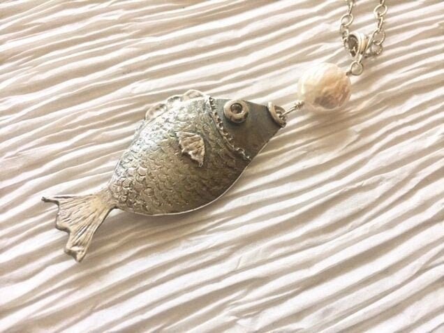Hand carved fish necklace, long, in sterling