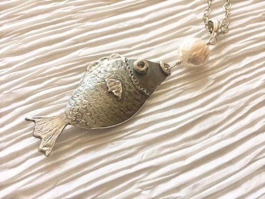 Hand carved fish necklace, long, in sterling