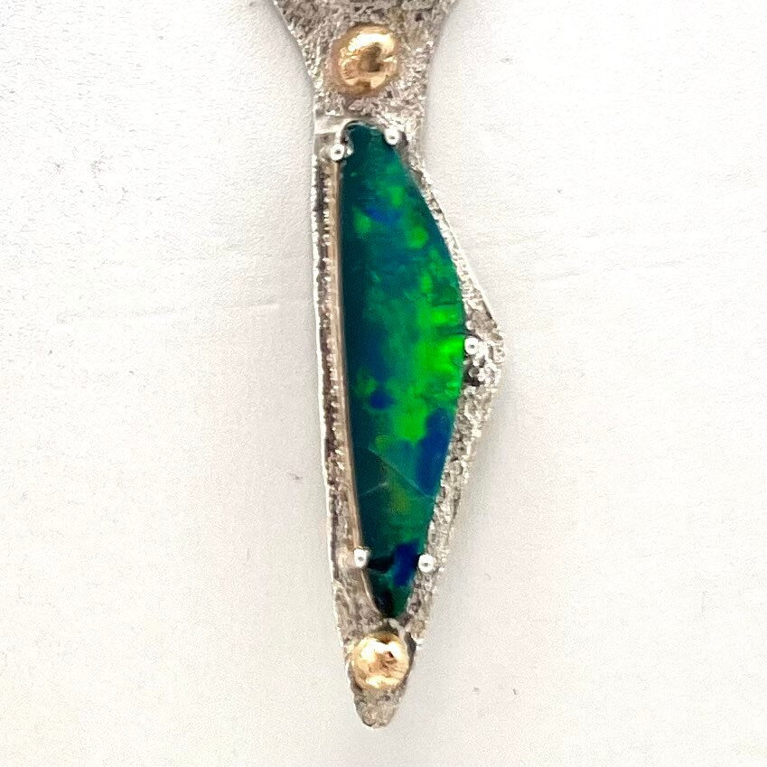 Australian boulder opal, mabe pearl, and green tourmaline necklace; silver and gold