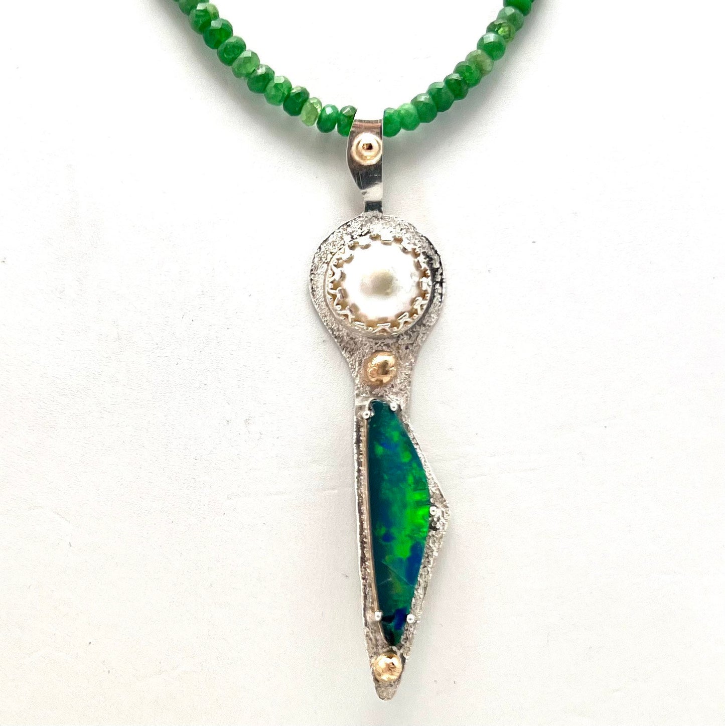 Australian boulder opal, mabe pearl, and green tourmaline necklace; silver and gold