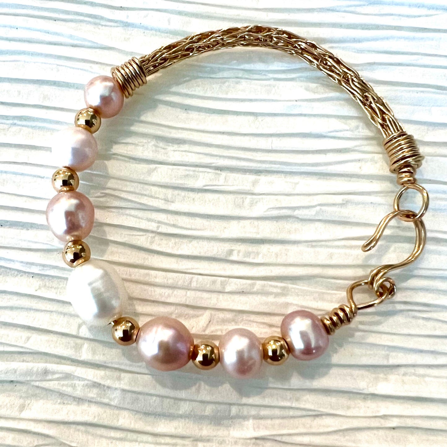 Soft bangle of woven and round 14KTF and pearls