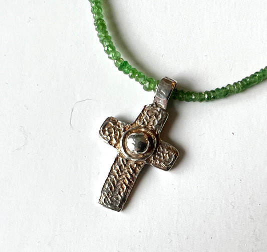 Necklace - Celtic Cross on green tourmaline - fine silver and sterling silver