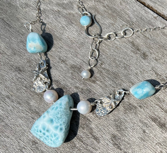 Larimar necklace with pearls and starfish, beach