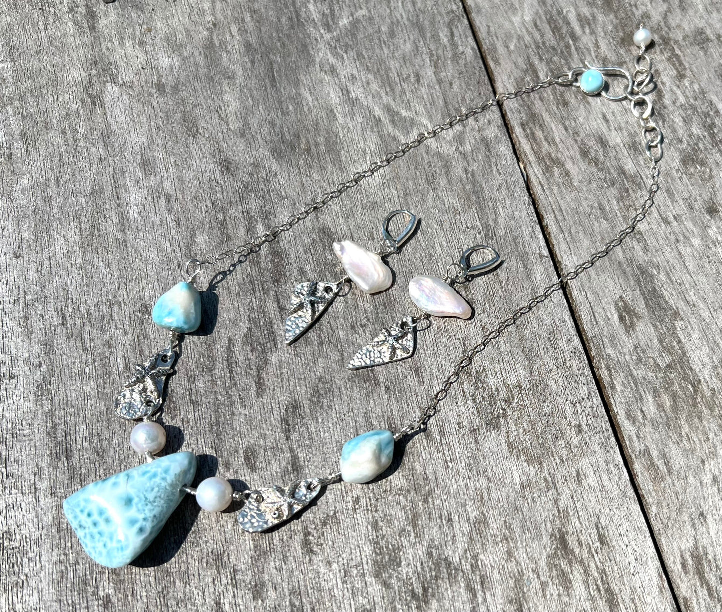 Larimar necklace with pearls and starfish, beach