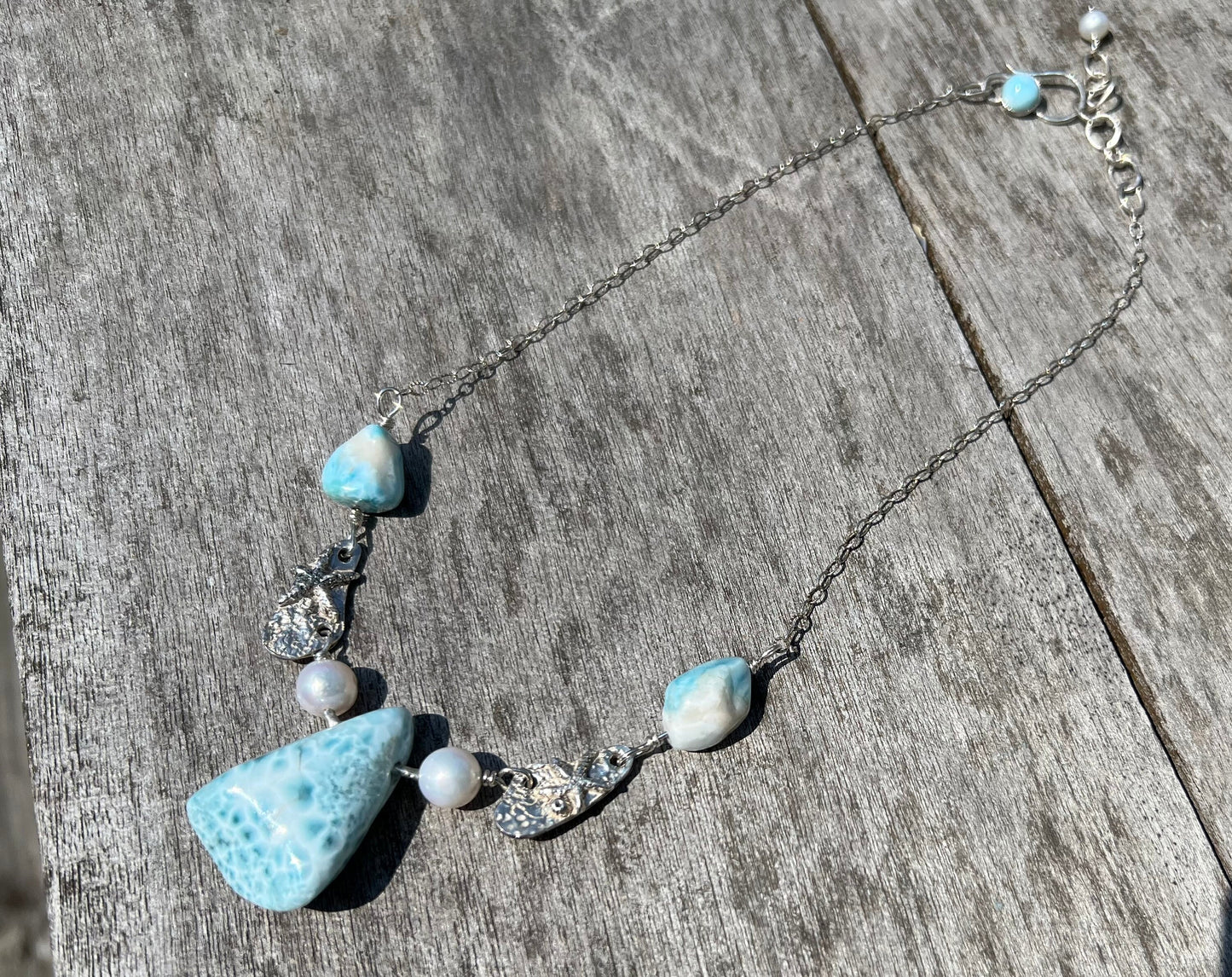 Larimar necklace with pearls and starfish, beach