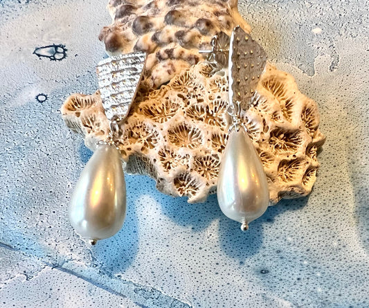 Pearl and sea urchin texture sterling post earrings