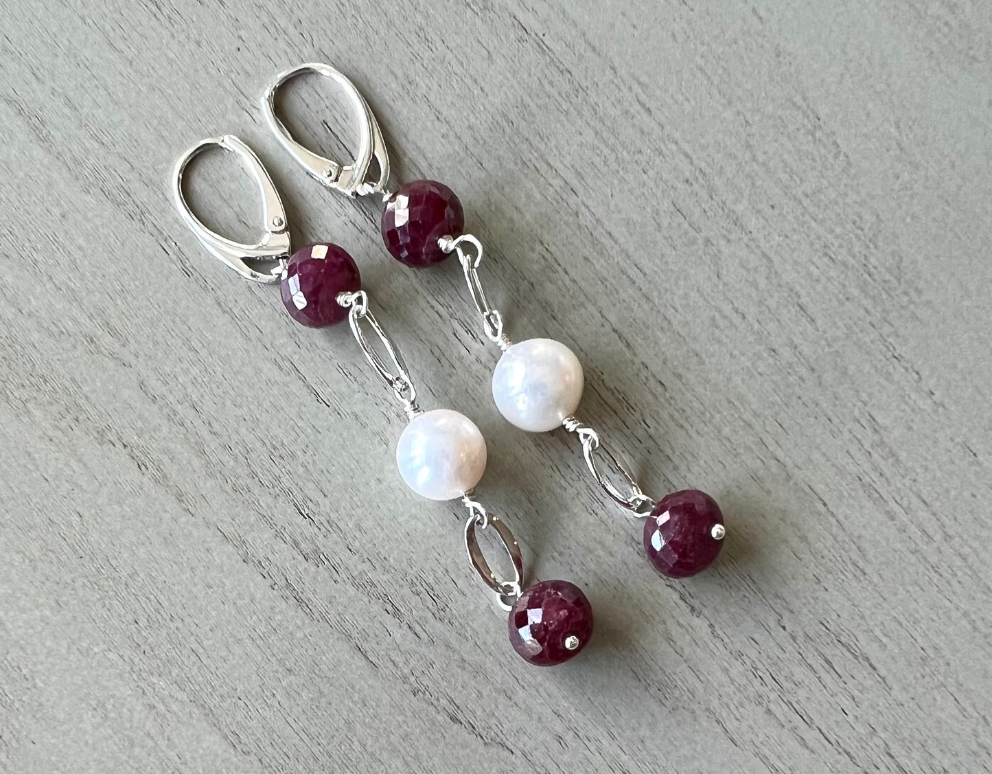 Ruby and pearl earrings with sterling lever-back 3”