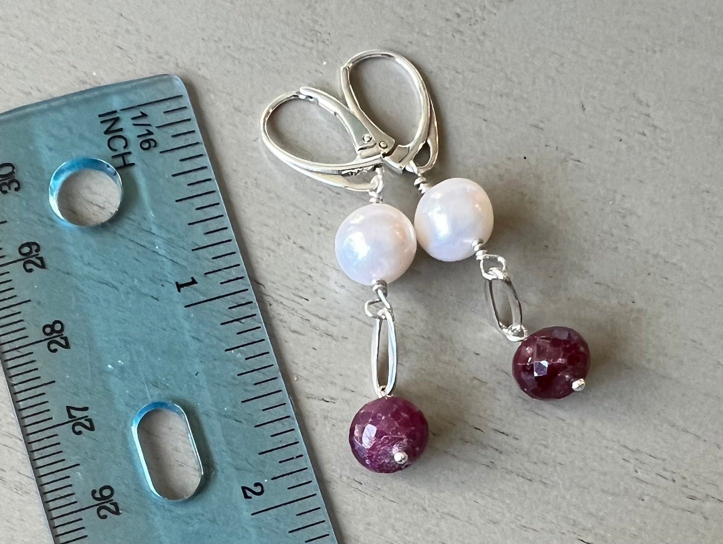 Ruby and pearl earrings with sterling lever-back 2”