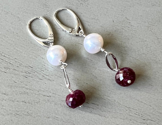 Ruby and pearl earrings with sterling lever-back 2”