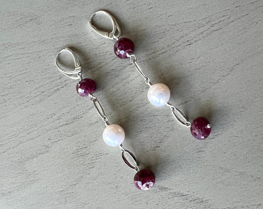 Ruby and pearl earrings with sterling lever-back 3”