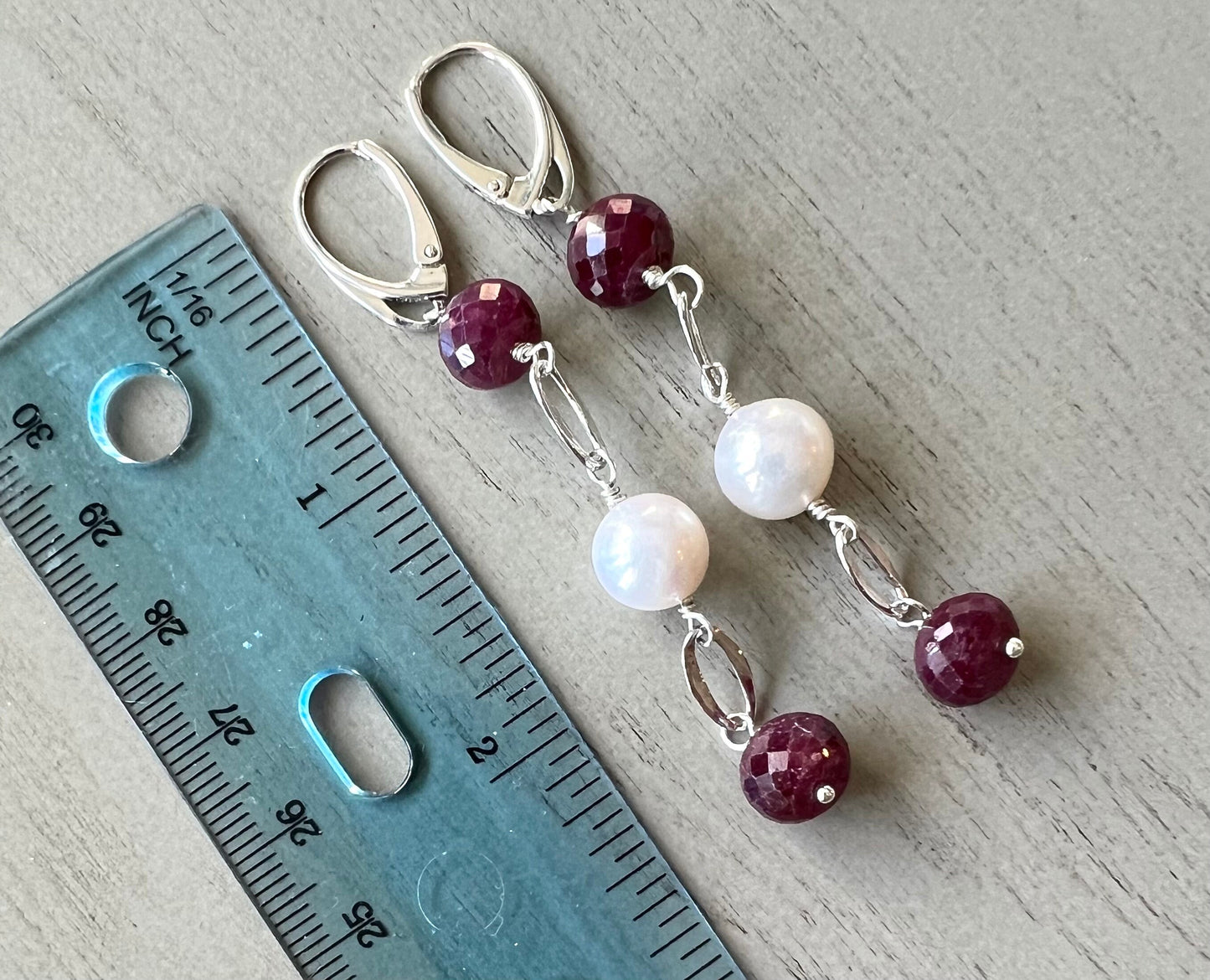 Ruby and pearl earrings with sterling lever-back 3”